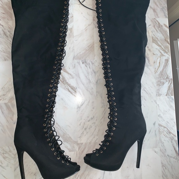lola Shoes - Laced Black Over the Knee Boots